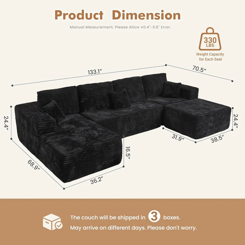 US Stock U-Shape Boneless Sectional Modular Adjustable Black Sponge-Filled Modern Design Apartment Hotel Villa Use Compressed