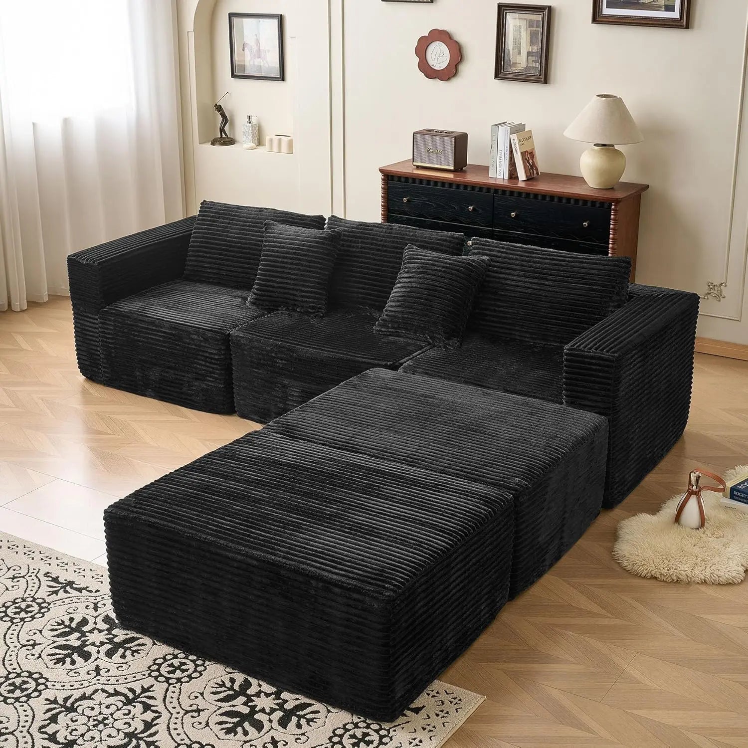 110" Modular Sectional Sofa with 2 Movable Ottoman Deep Seat U Shape Luxury Corduroy Fabric Living Room Grey Customized