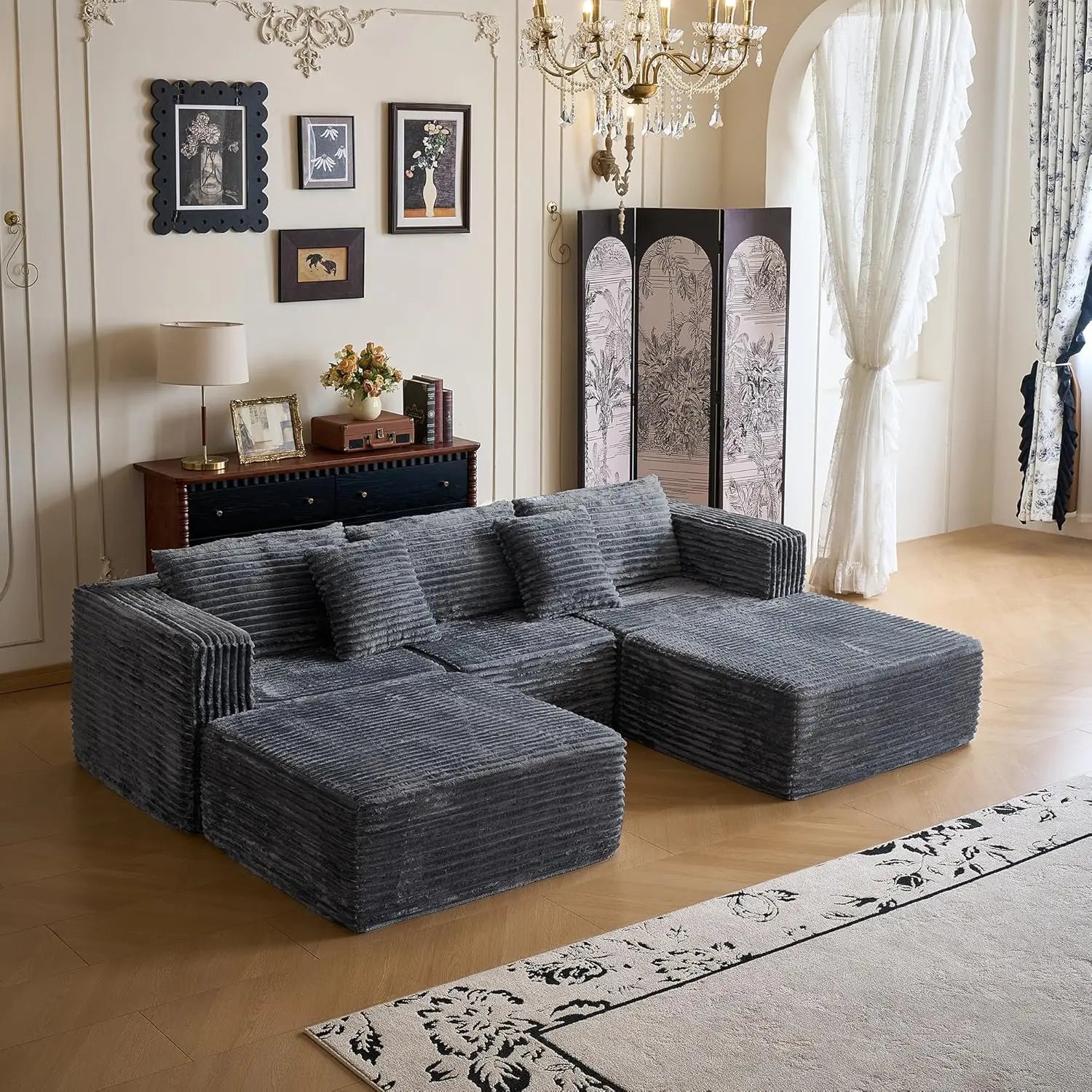 110" Modular Sectional Sofa with 2 Movable Ottoman Deep Seat U Shape Luxury Corduroy Fabric Living Room Grey Customized