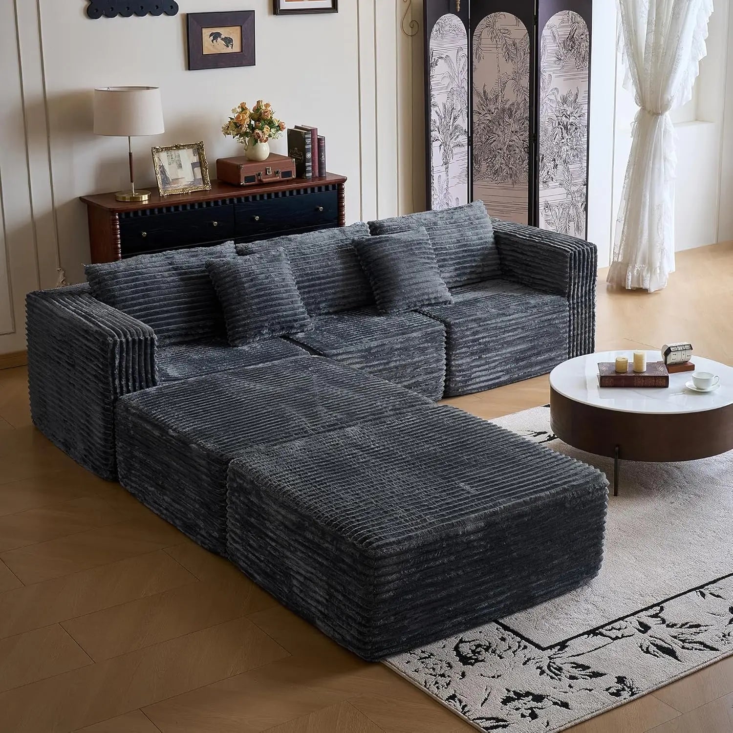 110" Modular Sectional Sofa with 2 Movable Ottoman Deep Seat U Shape Luxury Corduroy Fabric Living Room Grey Customized