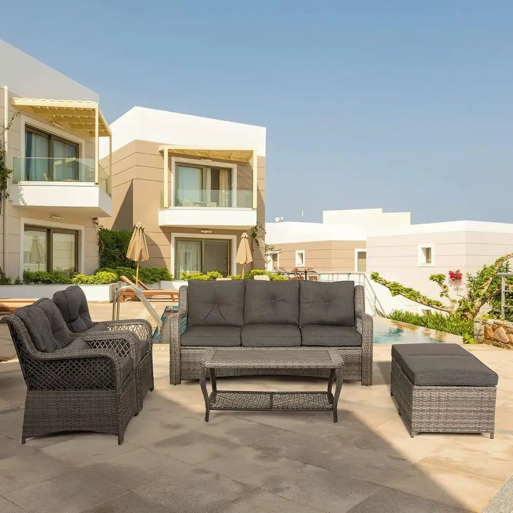 6-Piece Grey Wicker Outdoor Patio Furniture Set with Sectional Sofa, Coffee Table, High Back Chairs, and Ottoman for Garden, Dec