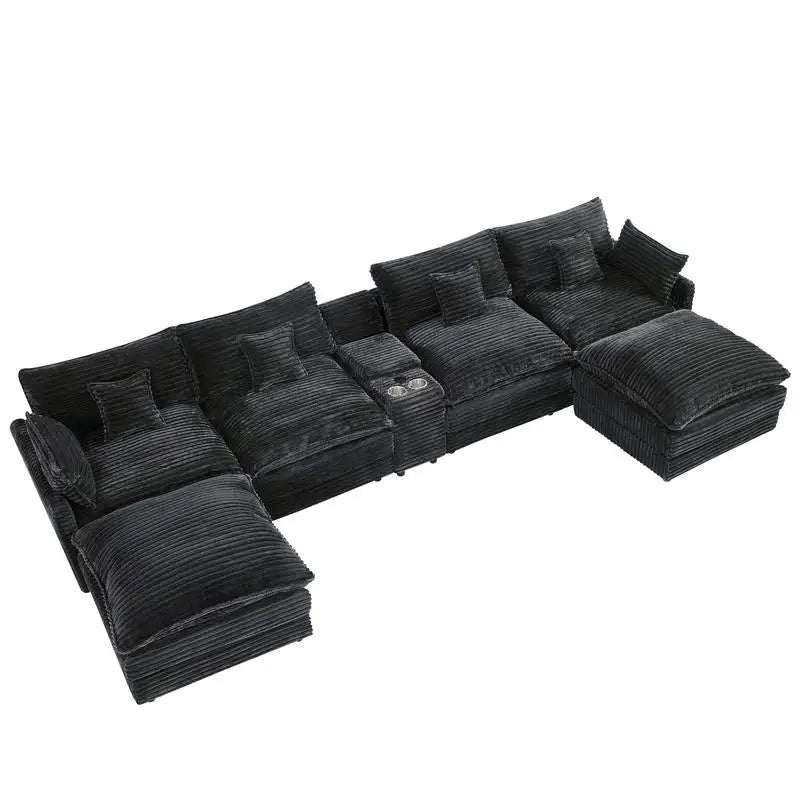 Spacious 148-Inch 7-Pc Sofa Set with Center Console, Coffee Table, & 6 Pillows - Ideal for Living Rooms & Meeting Spaces