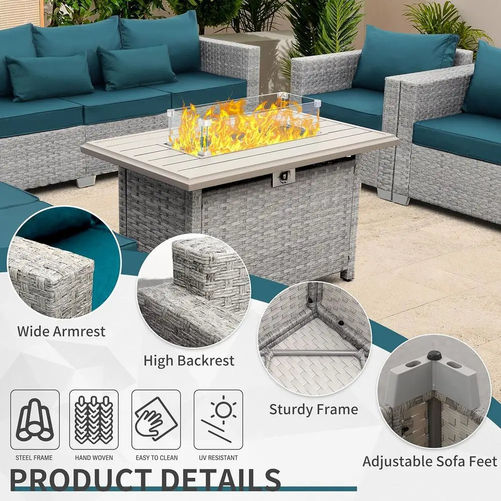 6-Piece Grey Wicker Outdoor Patio Furniture Set with Sofa, Sectional, Fire Pit Table, and Peacock Blue Cushions
