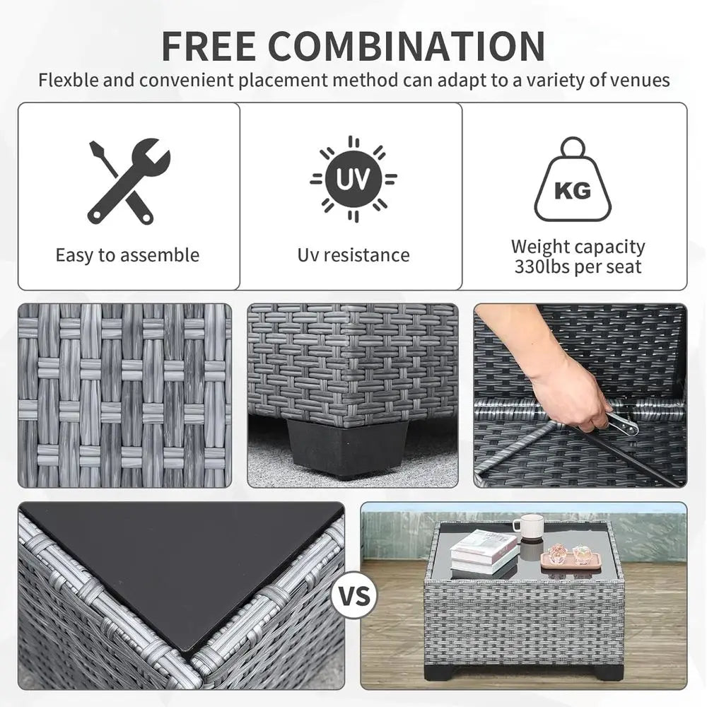 7-Piece Outdoor Wicker Patio Sectional Sofa Set with Glass Table, Non-Slip Cushions, Light Grey Cover