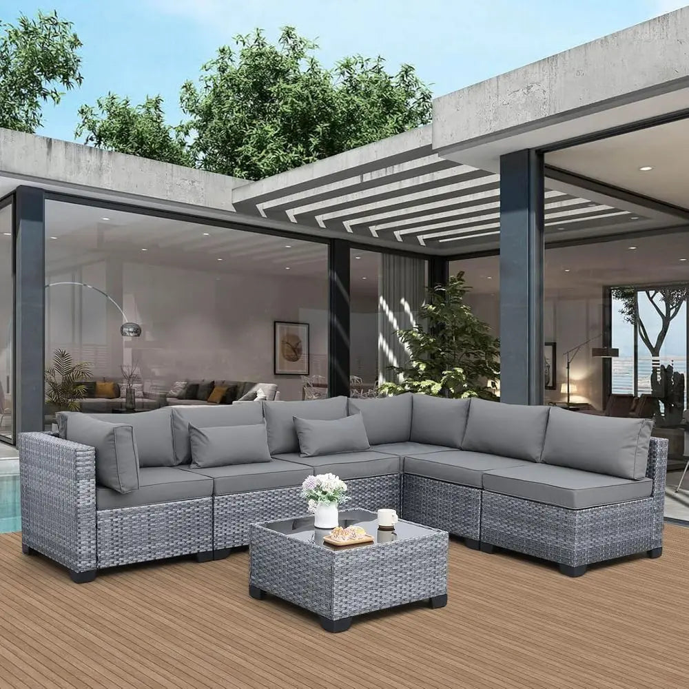 7-Piece Outdoor Wicker Patio Sectional Sofa Set with Glass Table, Non-Slip Cushions, Light Grey Cover