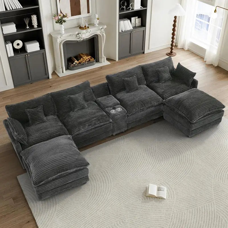 Spacious 148-Inch 7-Pc Sofa Set with Center Console, Coffee Table, & 6 Pillows - Ideal for Living Rooms & Meeting Spaces