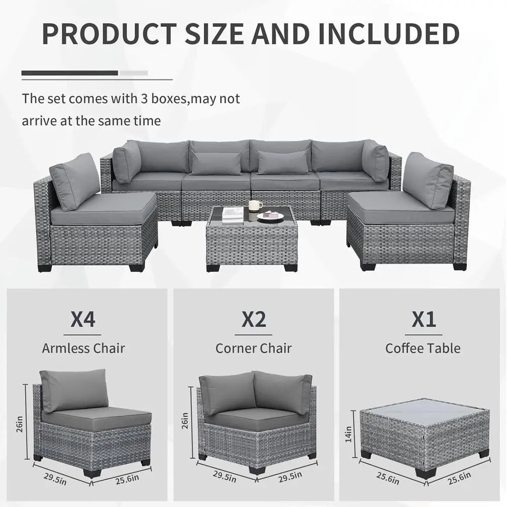 7-Piece Outdoor Wicker Patio Sectional Sofa Set with Glass Table, Non-Slip Cushions, Light Grey Cover