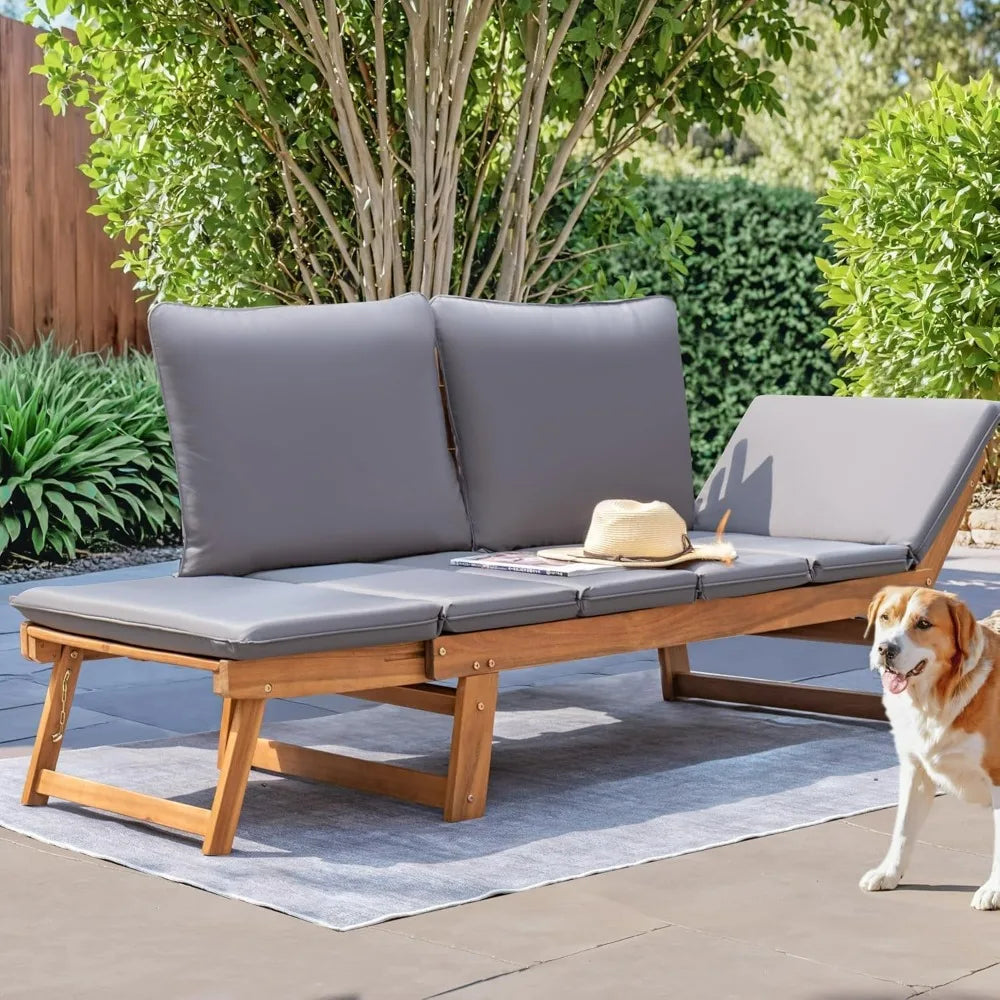 Devoko Outdoor Couch Acacia Wood Patio Couch with Adjustable Armrests Outdoor Convertible Sofa with Removable Cushions & Pillows