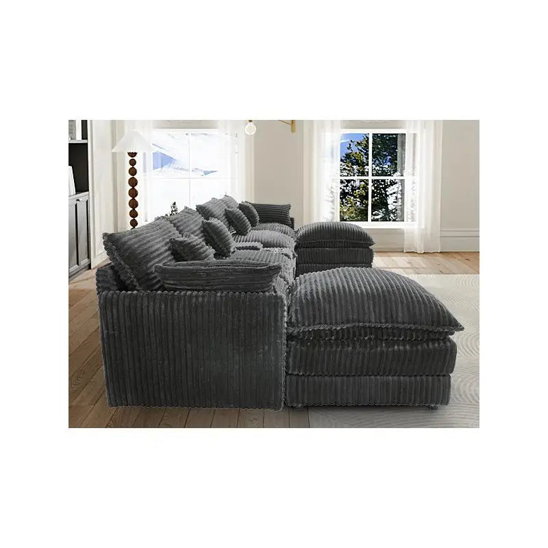 Spacious 148-Inch 7-Pc Sofa Set with Center Console, Coffee Table, & 6 Pillows - Ideal for Living Rooms & Meeting Spaces