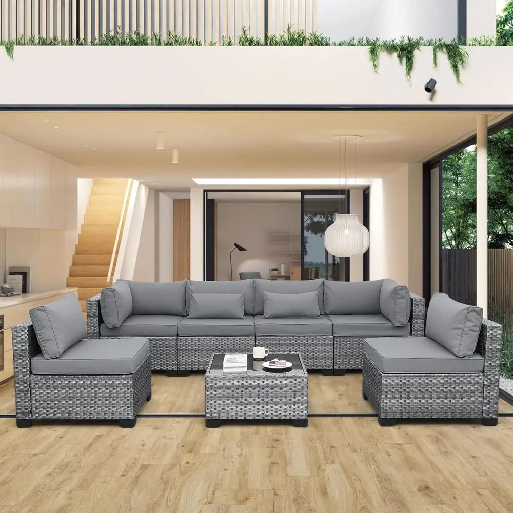 7-Piece Outdoor Wicker Patio Sectional Sofa Set with Glass Table, Non-Slip Cushions, Light Grey Cover