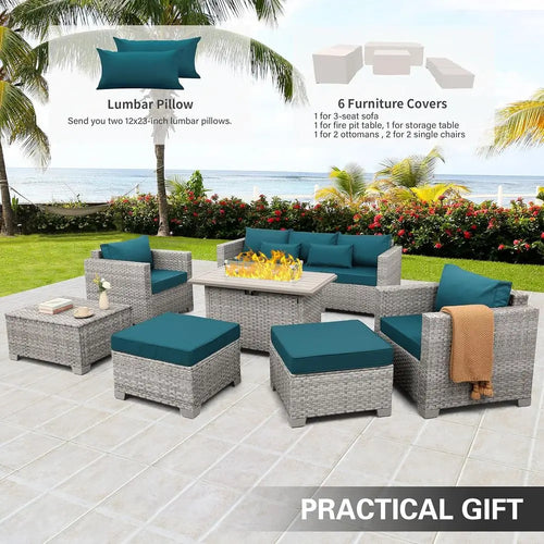6-Piece Grey Wicker Outdoor Patio Furniture Set with Sofa, Sectional, Fire Pit Table, and Peacock Blue Cushions