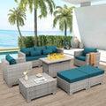 6-Piece Grey Wicker Outdoor Patio Furniture Set with Sofa, Sectional, Fire Pit Table, and Peacock Blue Cushions