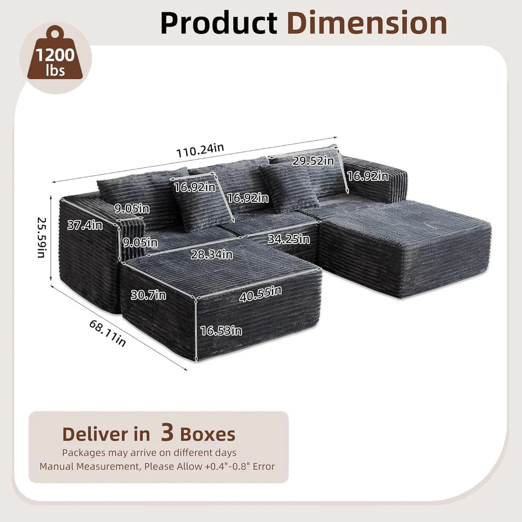 110" Modular Sectional Sofa with 2 Movable Ottoman Deep Seat U Shape Luxury Corduroy Fabric Living Room Grey Customized