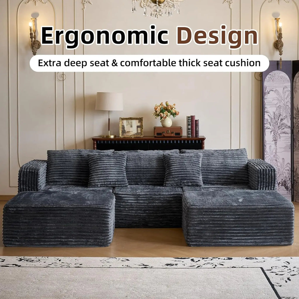 110" Modular Sectional Sofa with 2 Movable Ottoman Deep Seat U Shape Luxury Corduroy Fabric Living Room Grey Customized