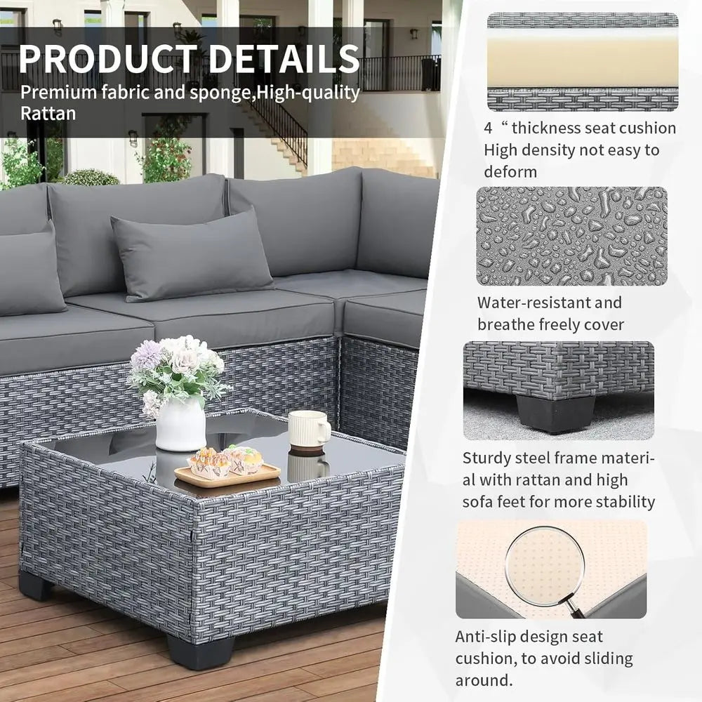 7-Piece Outdoor Wicker Patio Sectional Sofa Set with Glass Table, Non-Slip Cushions, Light Grey Cover
