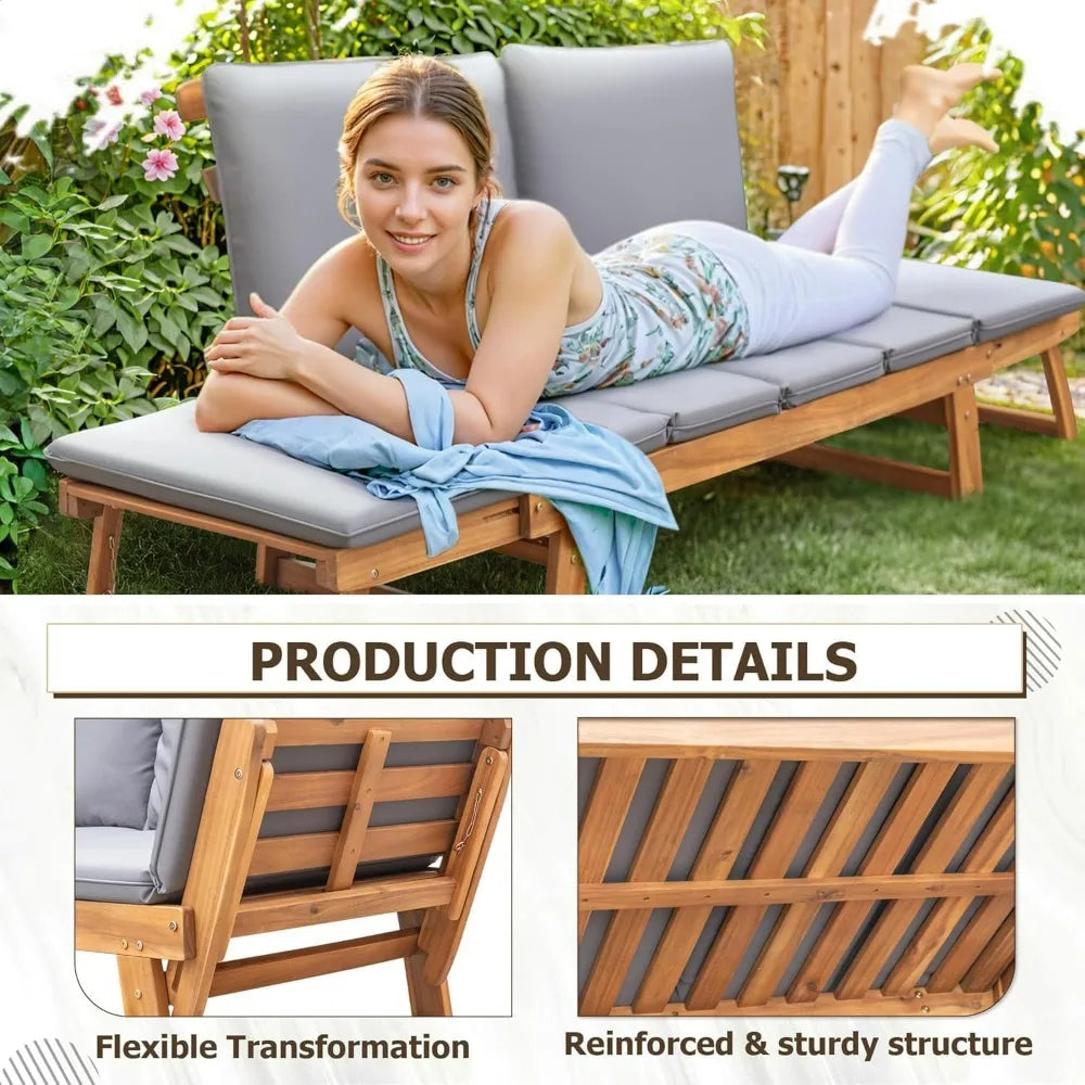 Devoko Outdoor Couch Acacia Wood Patio Couch with Adjustable Armrests Outdoor Convertible Sofa with Removable Cushions & Pillows