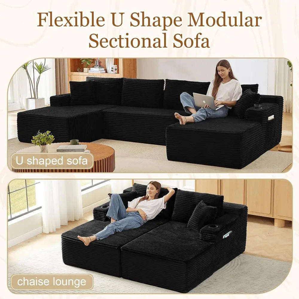 5-Seat Sectional Sleeper Sofa with Storage and Cup Holders, Free-Standing, No Assembly Needed (Black)
