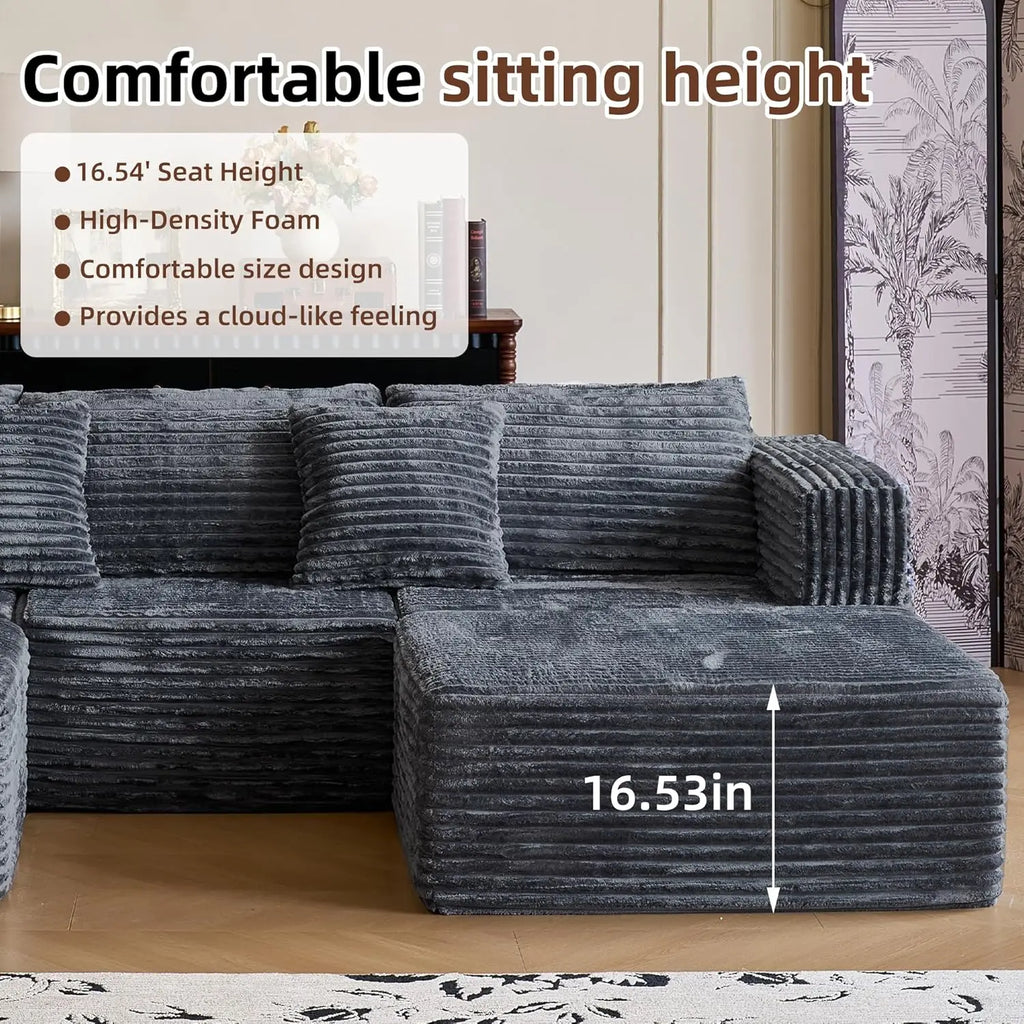 110" Modular Sectional Sofa with 2 Movable Ottoman Deep Seat U Shape Luxury Corduroy Fabric Living Room Grey Customized