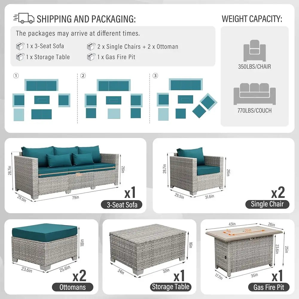 6-Piece Grey Wicker Outdoor Patio Furniture Set with Sofa, Sectional, Fire Pit Table, and Peacock Blue Cushions