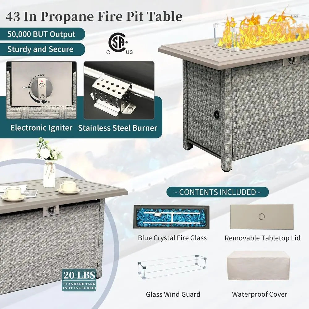 6-Piece Grey Wicker Outdoor Patio Furniture Set with Sofa, Sectional, Fire Pit Table, and Peacock Blue Cushions