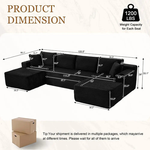 5-Seat Sectional Sleeper Sofa with Storage and Cup Holders, Free-Standing, No Assembly Needed (Black)